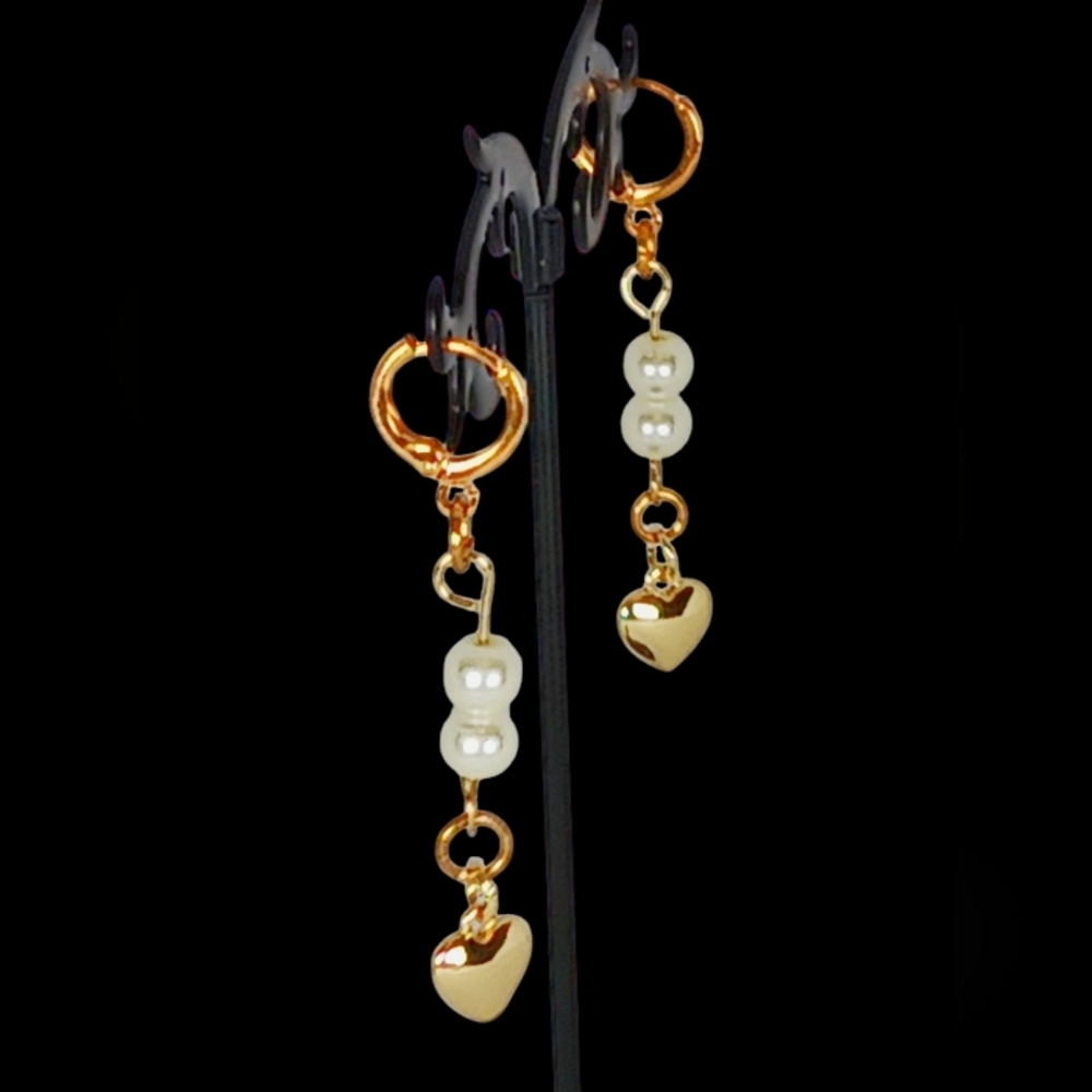 Dainty Gold Heart Pearl Dangle Drop Earrings Lovecore Coquette Girl Preppy Glam